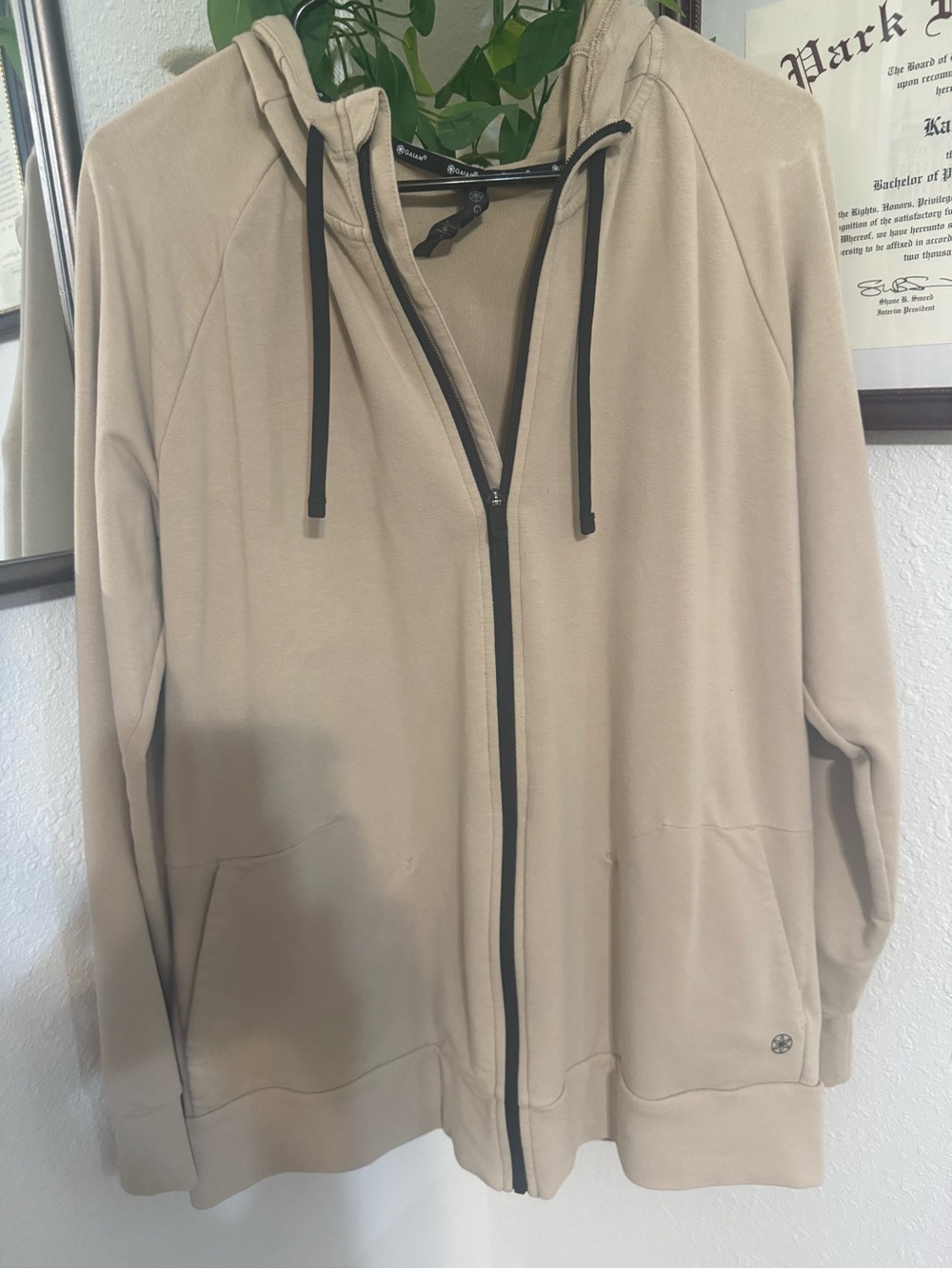 Beige Zip-Up Hooded Jacket with Black Trim